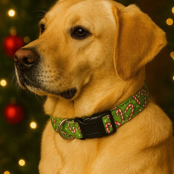 Christmas Dog Collar, Green Holiday Pet Collar, Candy Canes Cotton Collar Large - Picture 2 of 4
